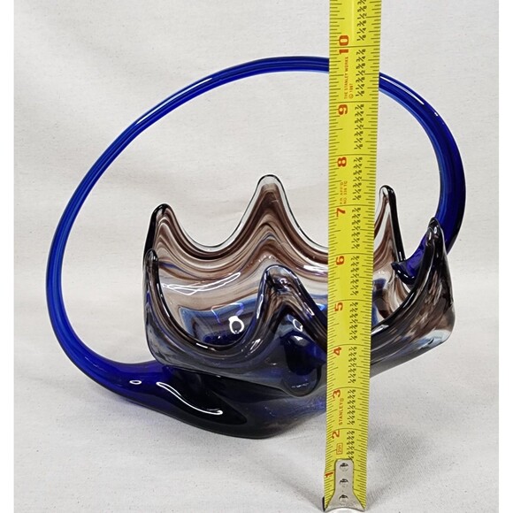 Vintage Sooner Ozark Art Glass Basket | Blue & Brown Swirl Hand-Blown | USA - Picture 15 of 15